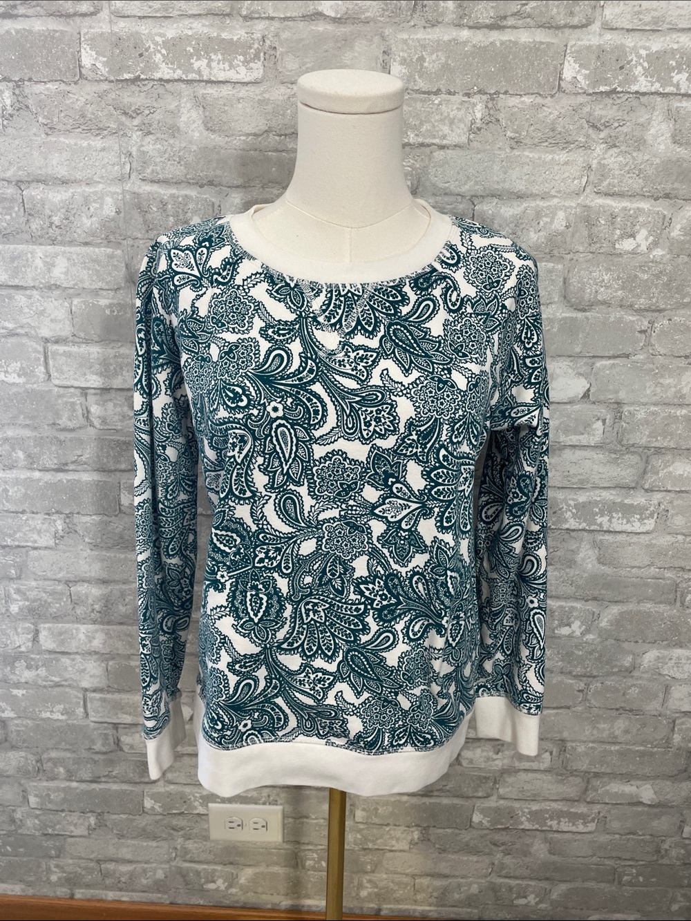 Boden Green and White Paisley Crewneck Sweatshirt